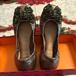 Tory Burch Black and Green Flats with Textured Fabric